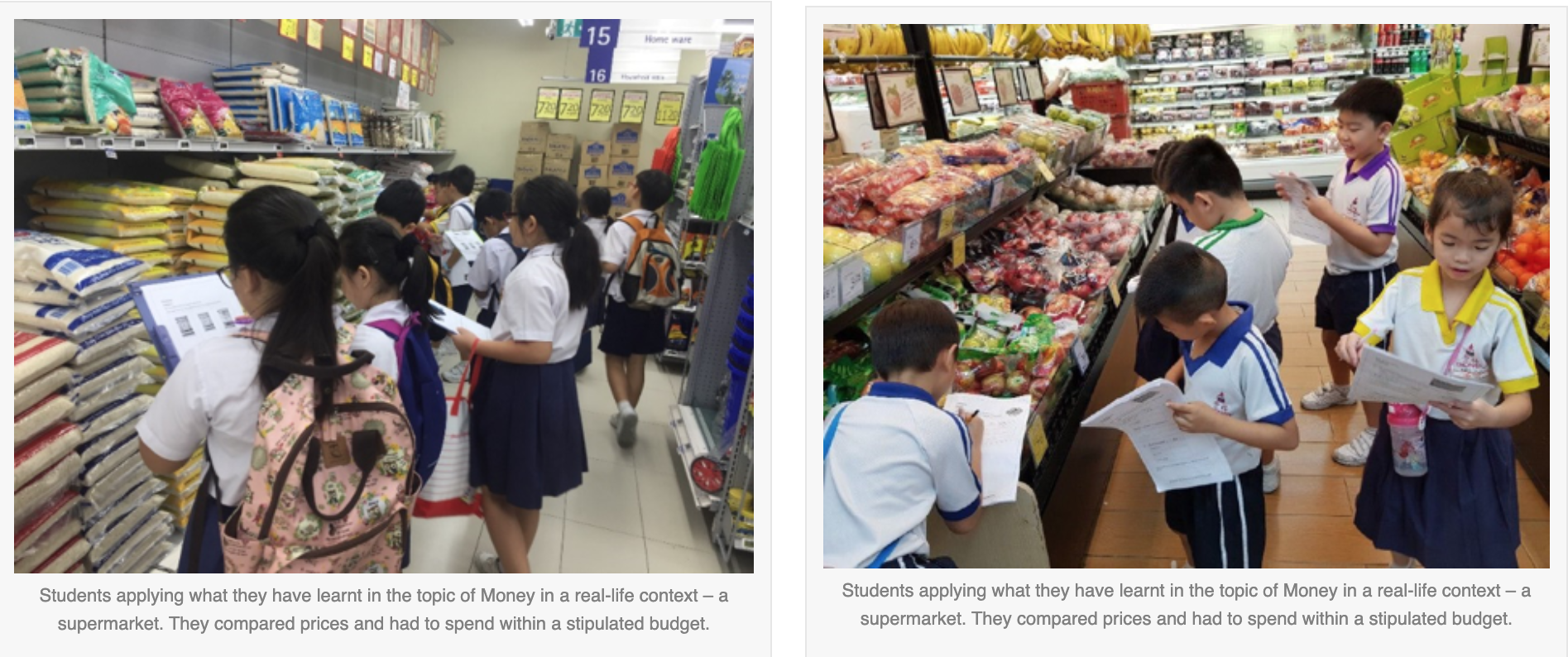 Students in school uniforms walk through supermarket aisles holding worksheets while comparing prices and produce.
